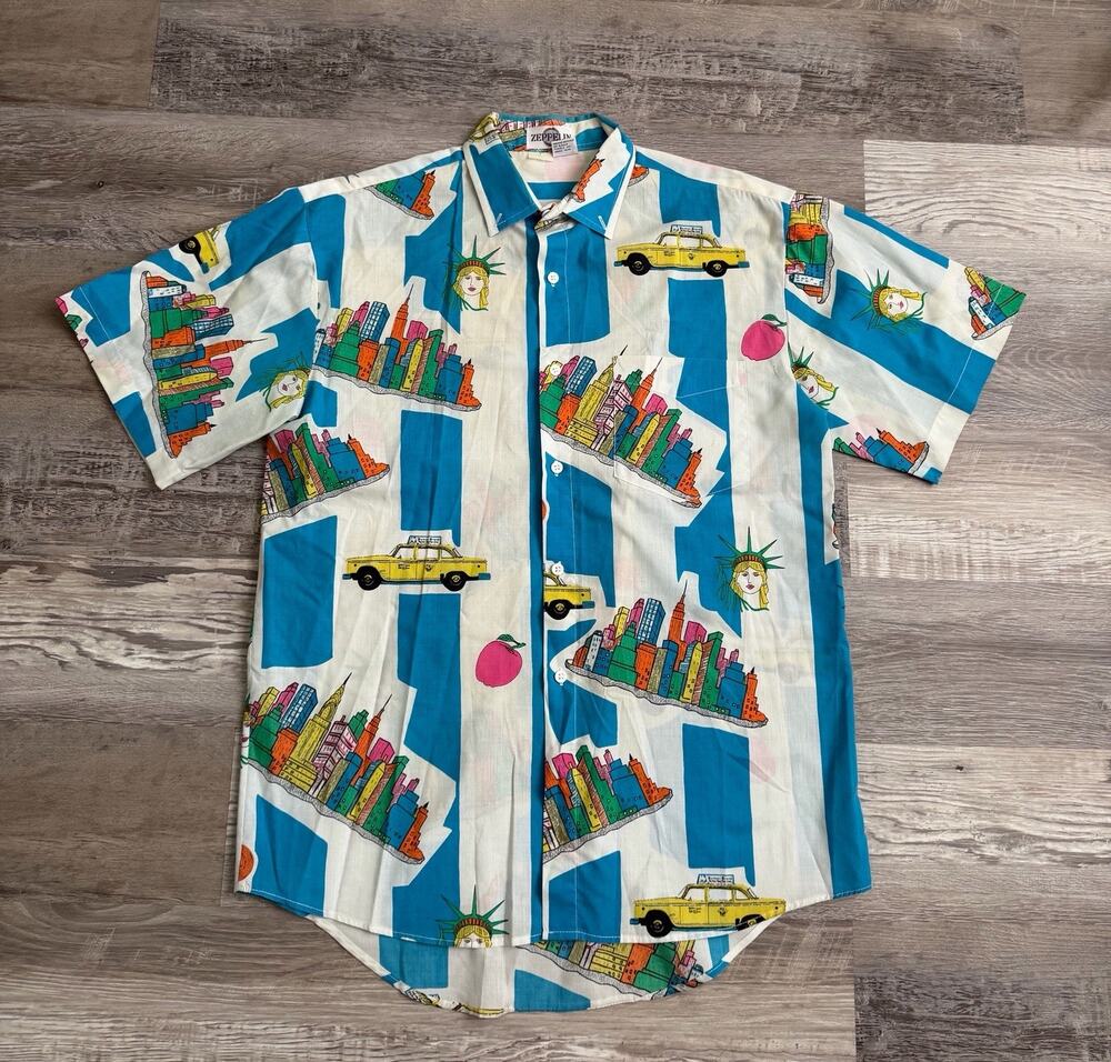 Vintage 90s Zeppelin NYC Shirt Large Statue Liberty Taxi Skyline Made Taiwan